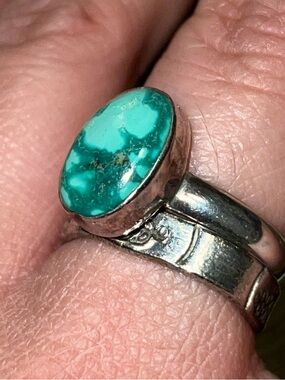 Set of Sterling Silver Green Turquoise Ring + Band